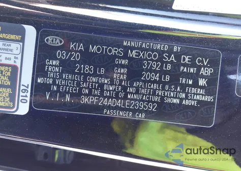 2020 Kia Forte Lxs z USA, uszkodzony, nr VIN 3KPF24AD4LE239592